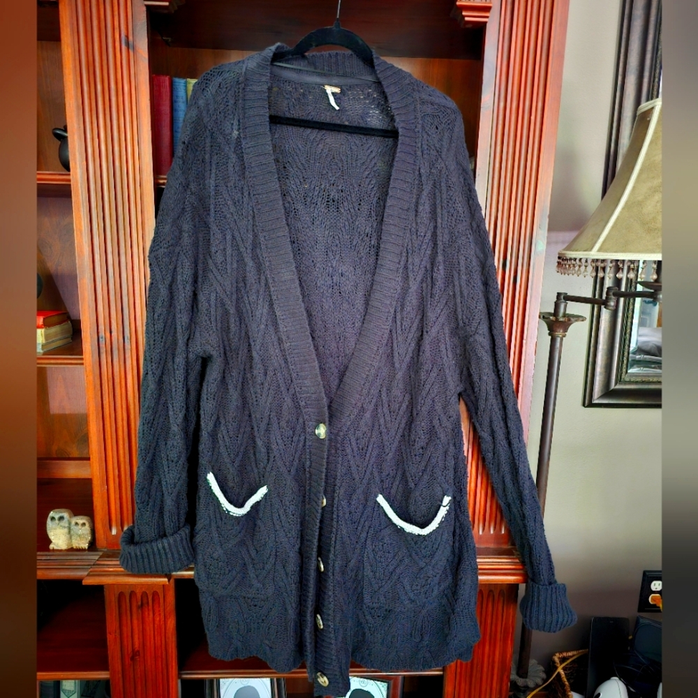 Free People Black Cable Knit Cardigan